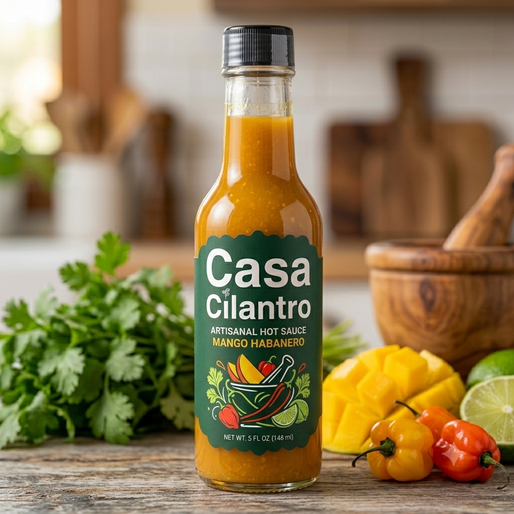 Bottle of Casa Cilantro hot sauce on a wooden surface with ingredients in the background