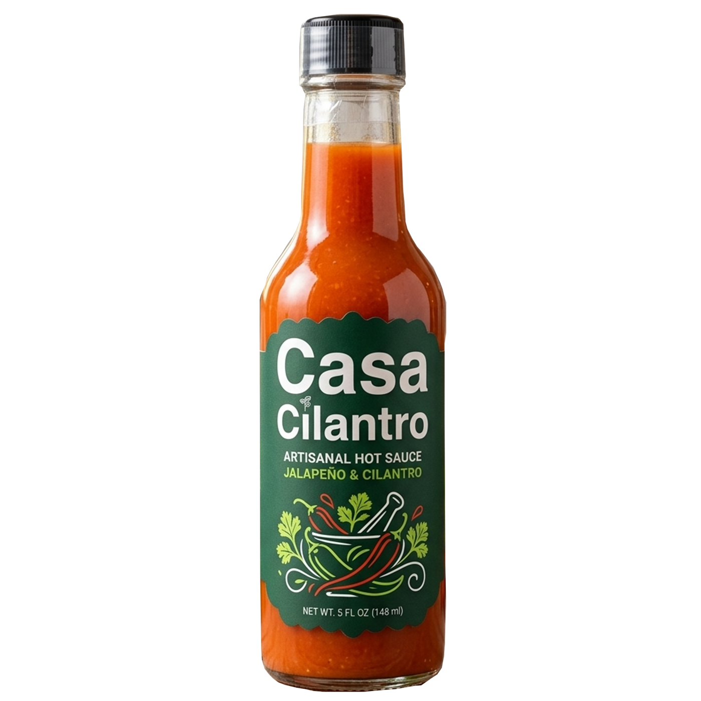 Bottle of Casa Cilantro hot sauce on a white background