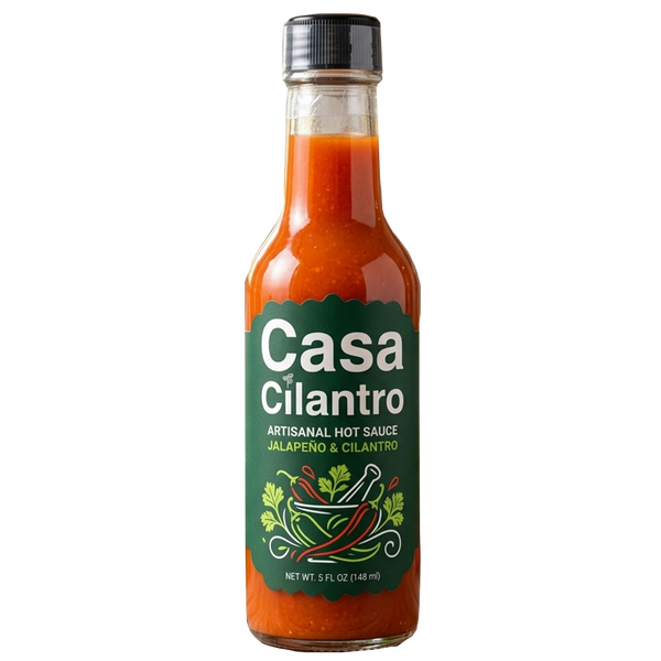 Bottle of Casa Cilantro hot sauce on a white background